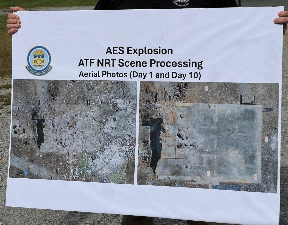 The Bureau of Alcohol, Tobacco, Firearms, and Explosives announced an area of origin for the deadly blast at Accurate Energetic Systems during a press conference in Bucksnort, Tenn., on Oct. 24. (Jacki Thrapp / The Epoch Times)
