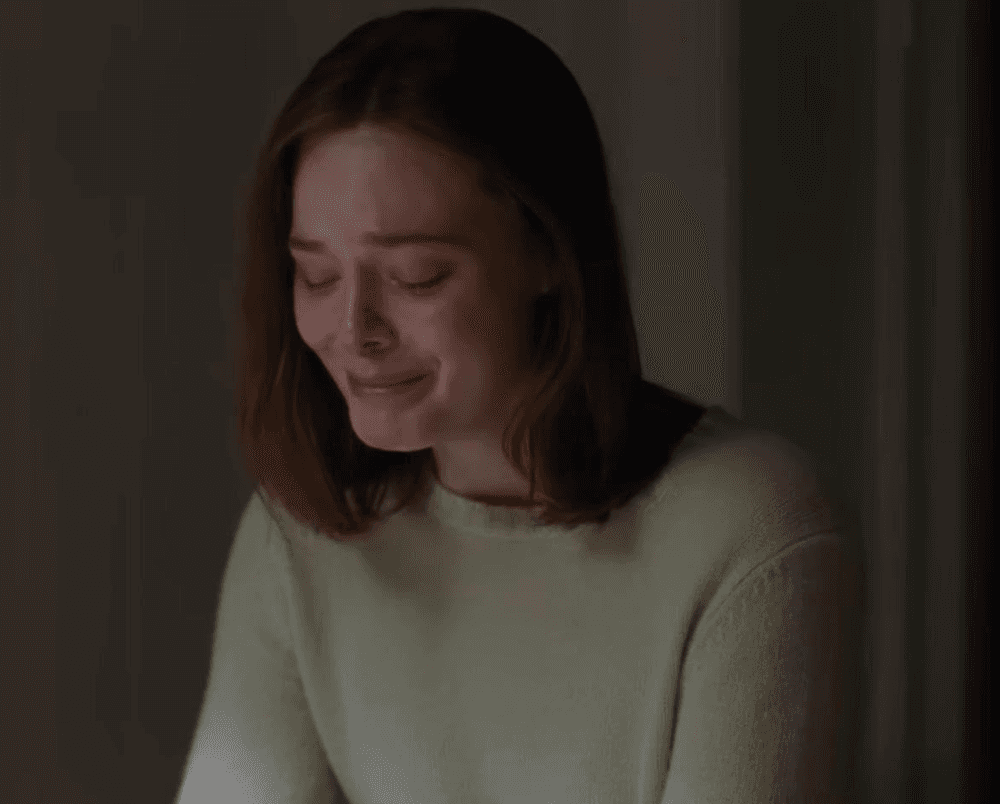 Rachel Kemp (Elle Fanning) realizing she must be true to her instincts, in "Sentimental Value." (Nordisk Film/Mubi)