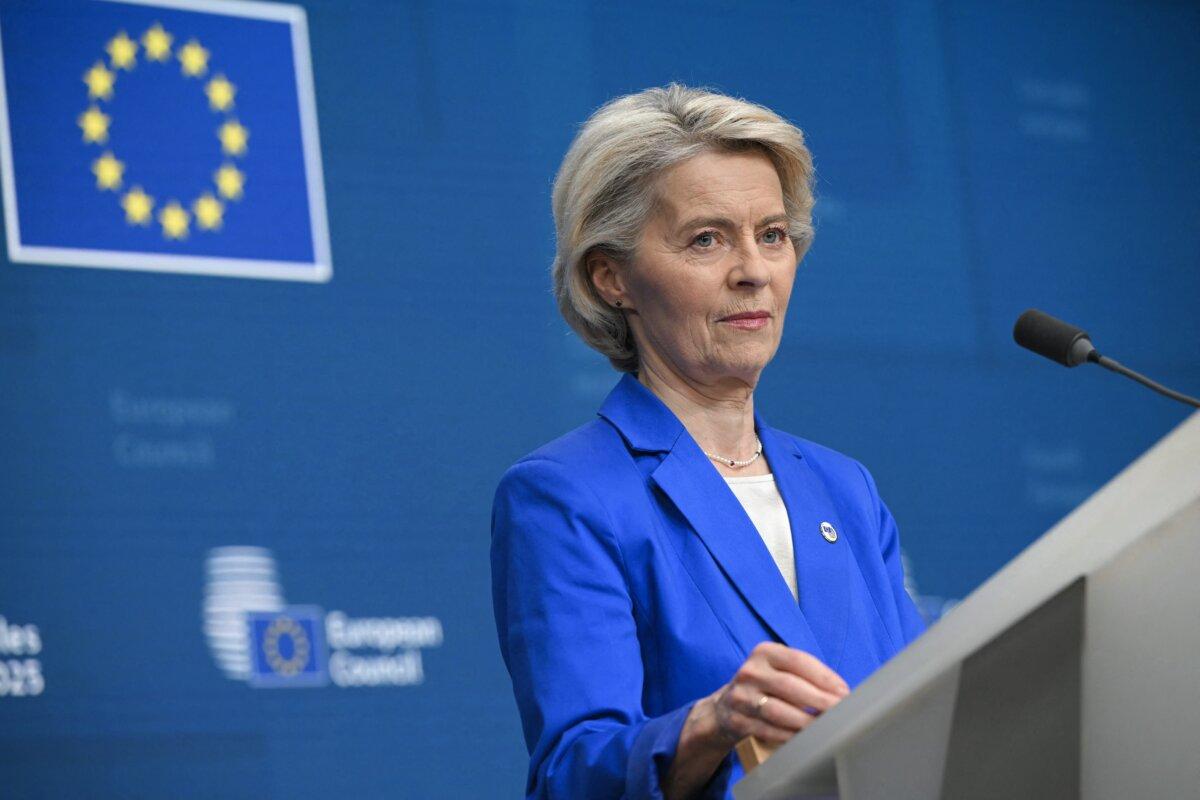 European Commission President Ursula Von der Leyen speaks during a press conference as part of the European Council meeting that gathered the 27 EU leaders to discuss Ukraine, European defense, recent developments in the Middle East, competitiveness, housing, and migration, in Brussels, Belgium, on Oct. 23, 2025. (Nicolas Tucat/AFP via Getty Images)