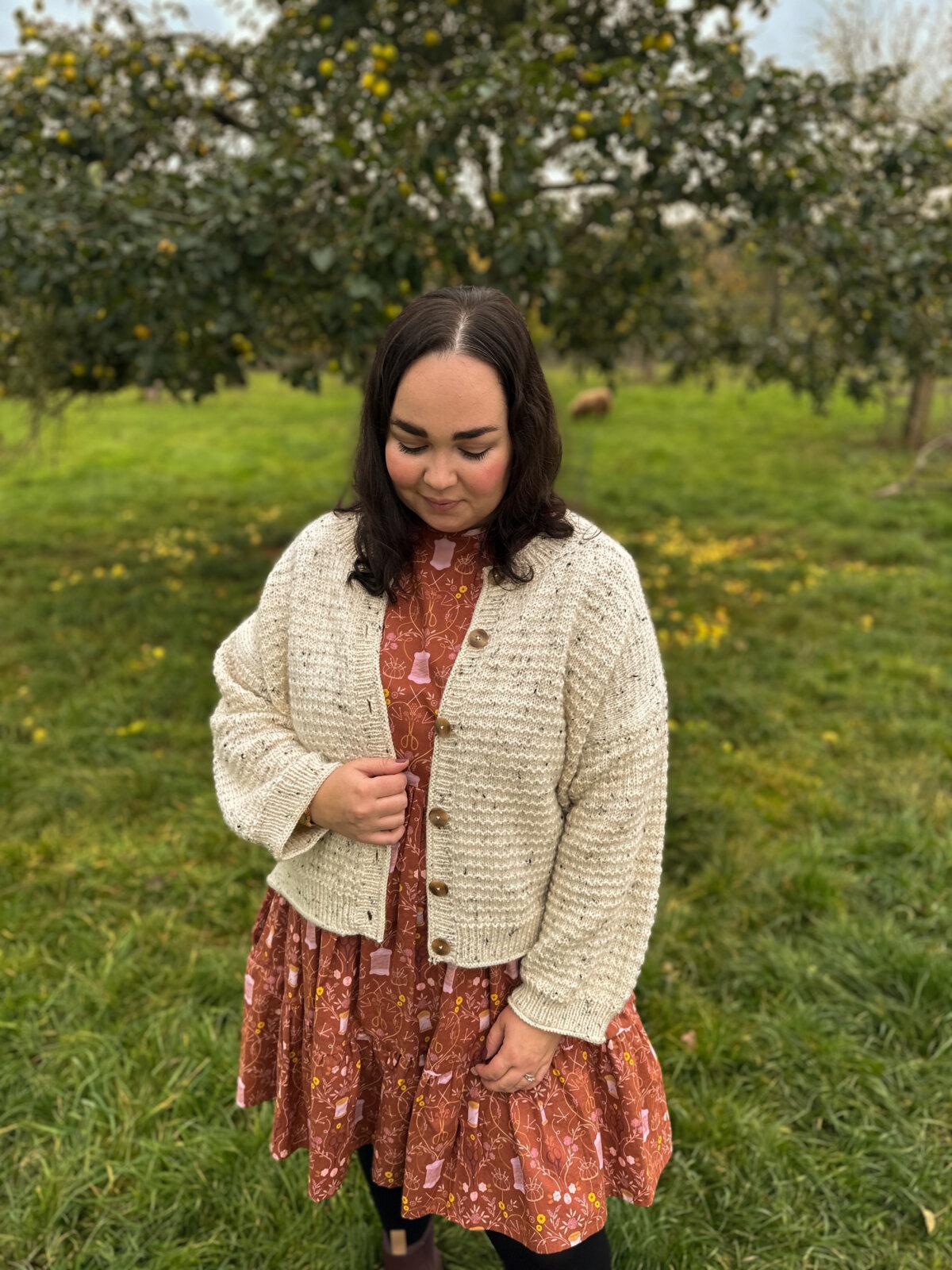 Author Rachel Bearn models her handmade dress and knitwear. (Courtesy of Rachel Bearn)