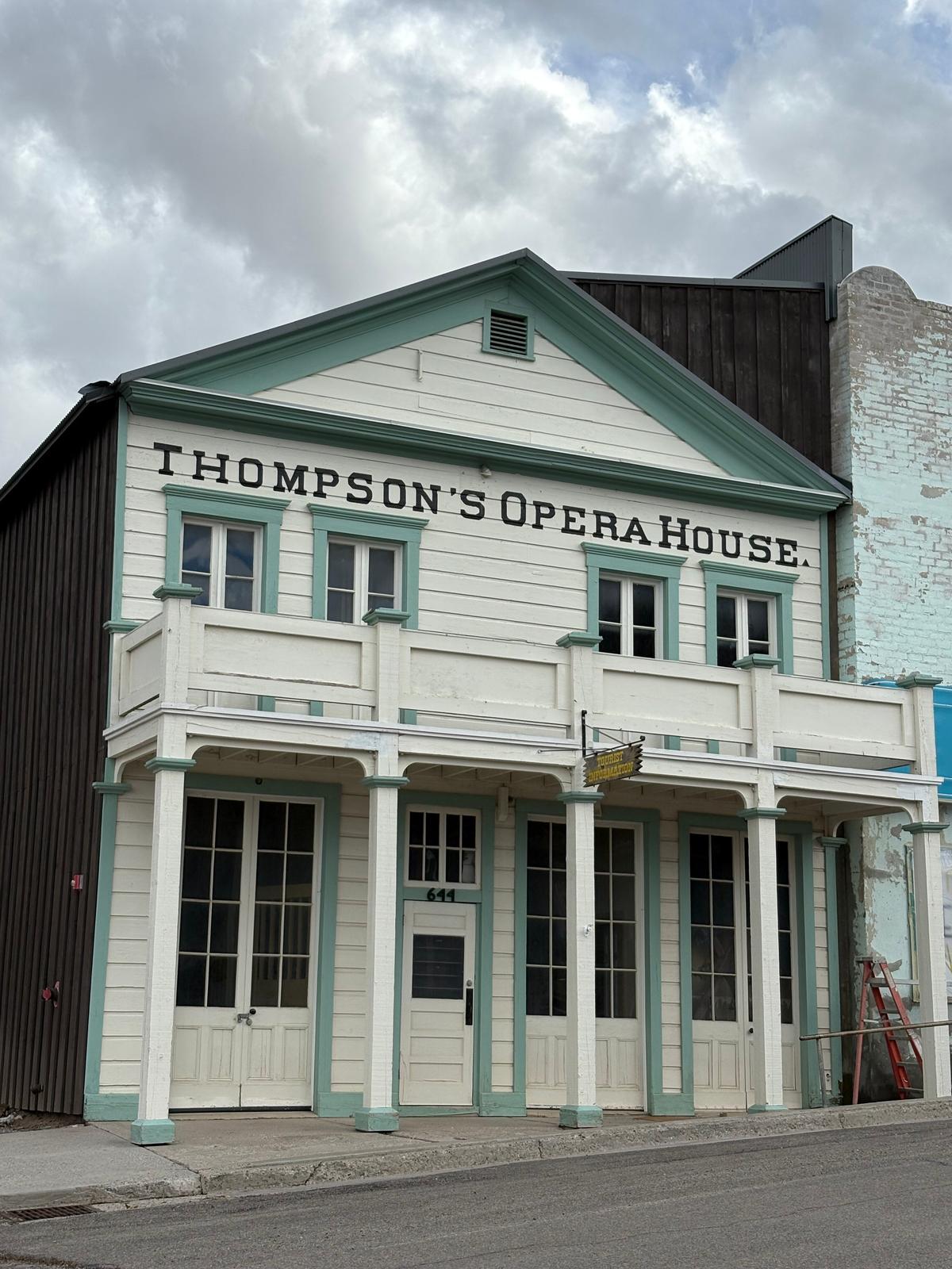 Thompson's Opera House is preserved and painted a coordinating white and blue. (Deena Bouknight)