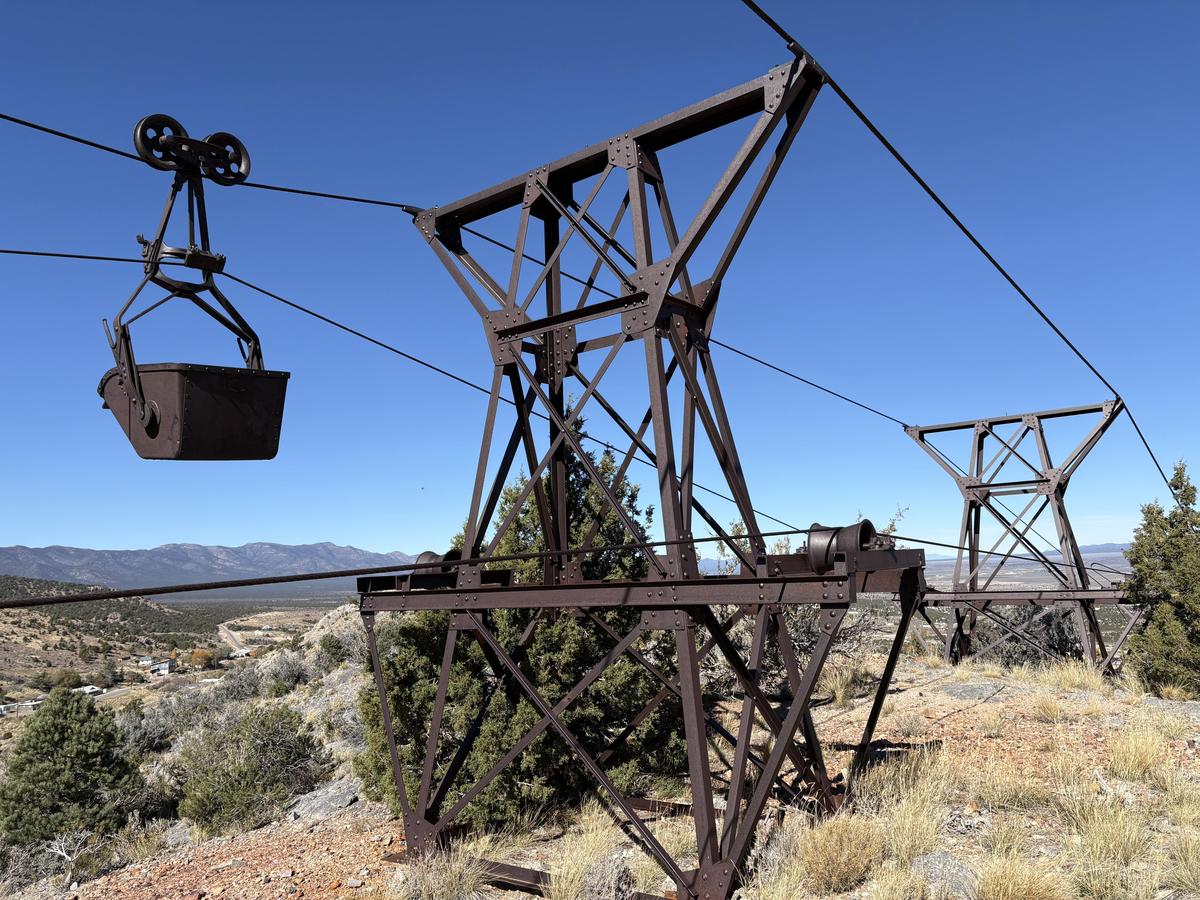 Mining equipment leftover from the 1920s and 1930s stands amid the bluffs and hills in Lincoln County, Nev. (Deena Bouknight)