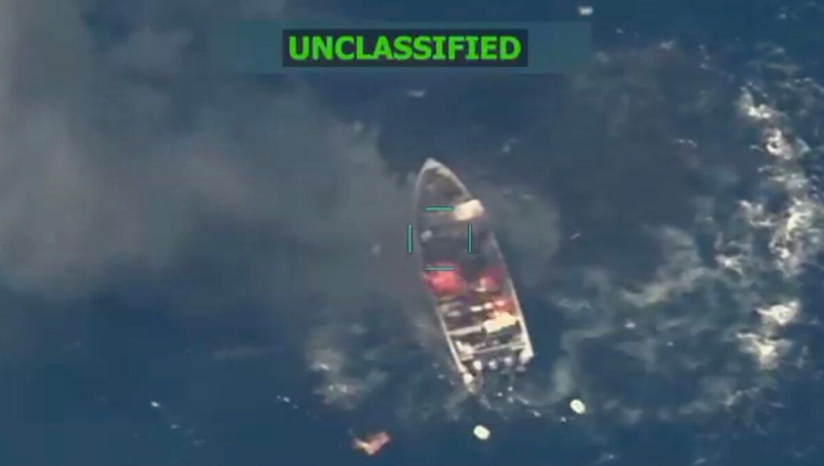 A still from footage of a strike on an alleged drug boat in the Eastern Pacific on Oct. 29, 2025. (@SecWar/X)
