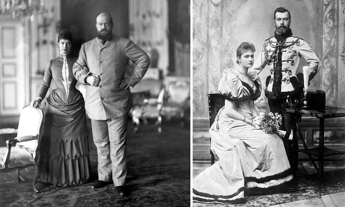 (L) Alexander III and his wife, Empress Maria Feodorovna, on holiday in Copenhagen in 1893, and (R) the official engagement picture of Czar Nicholas II and Alexandra Feodorovna in April 1894. (Public Domain)