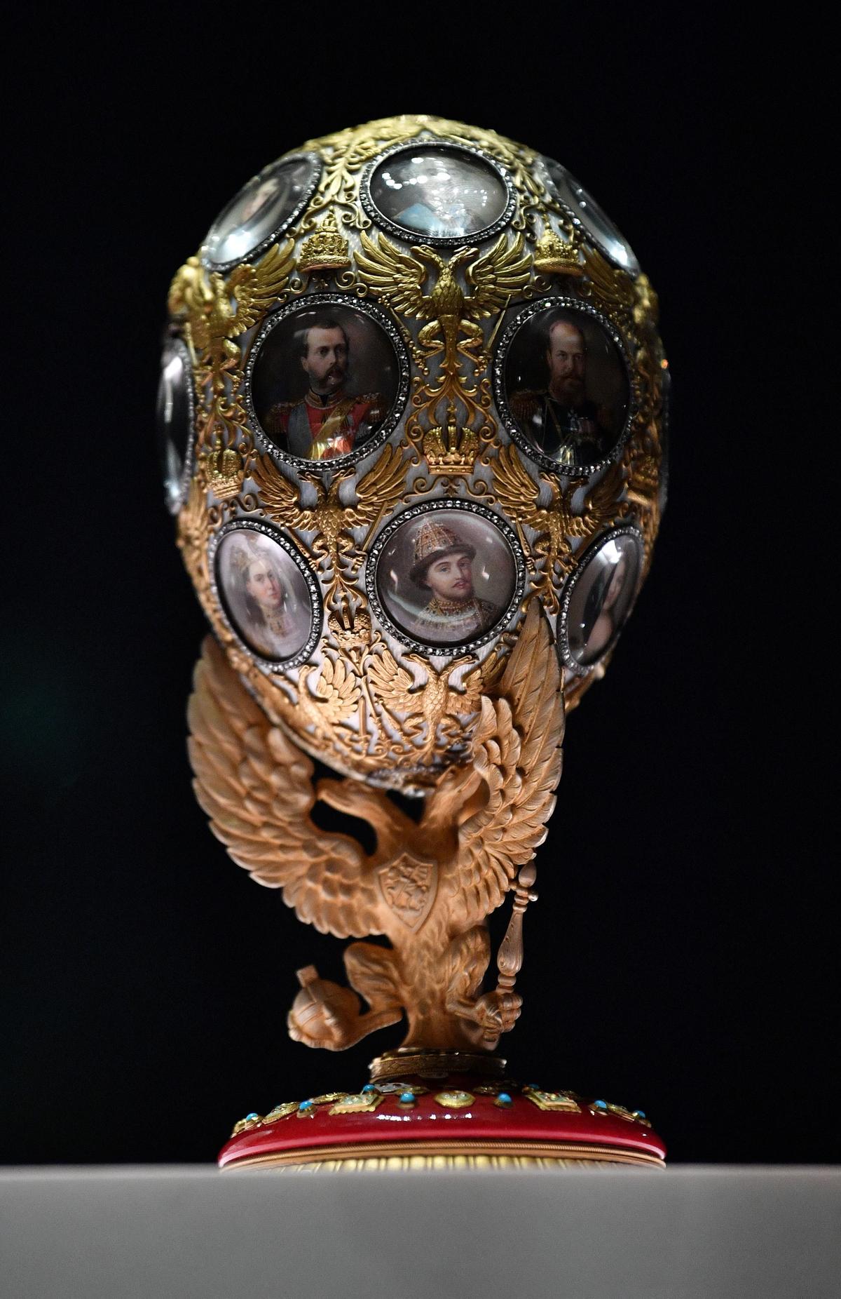 The “Romanov Tercentenary Egg” is pictured at the Victoria and Albert Museum in London for the 2021 exhibition "Faberge in London: Romance to Revolution." (Justin Tallis/Shutterstock)