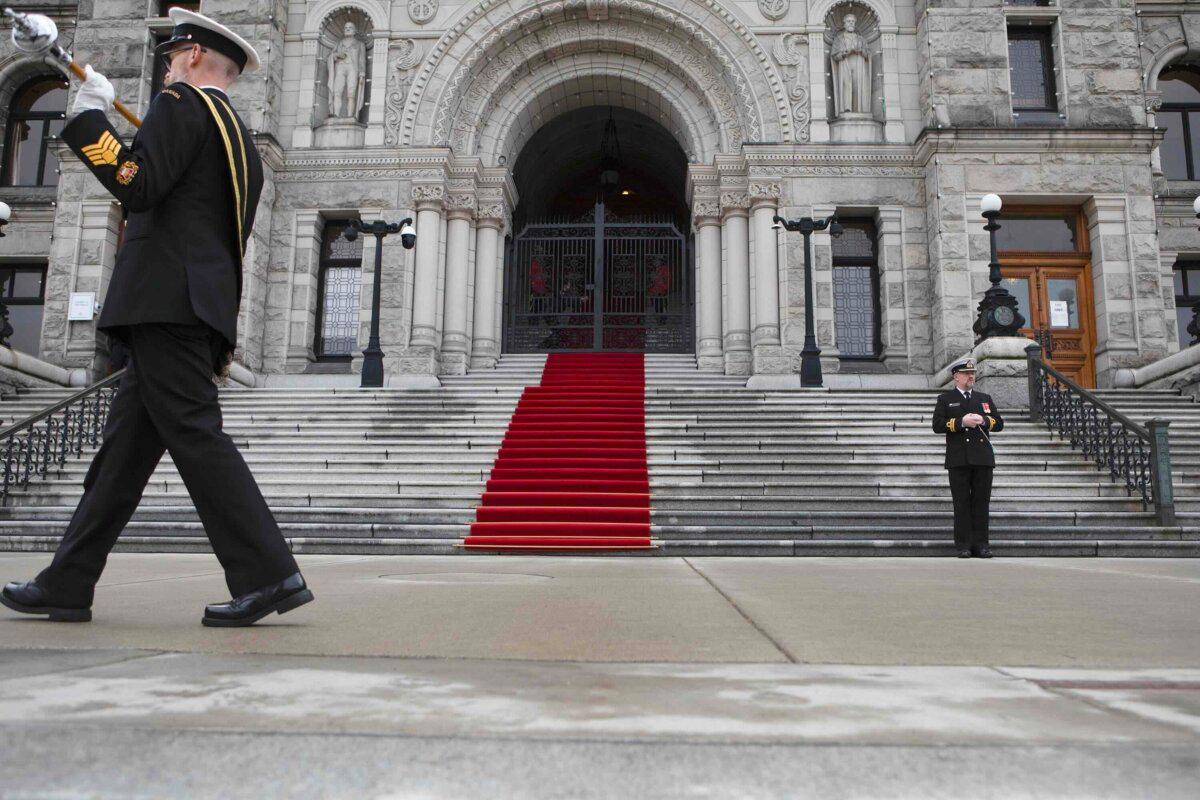 Members of the Naden Band of the Royal Canadian Navy rehearse before the arrival Lt.-Gov. Wendy Cocchia for the throne speech at the legislature in Victoria on Feb. 18, 2025. (The Canadian Press/Chad Hipolito)