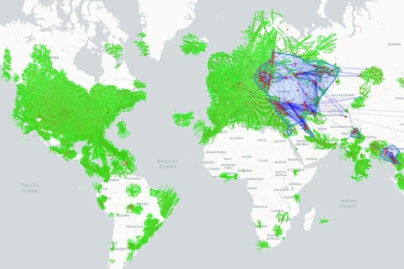 A map showing areas—identified by Spirent's Watchman service—of GPS spoofing in 2025. (Courtesy of Spirent Communications)