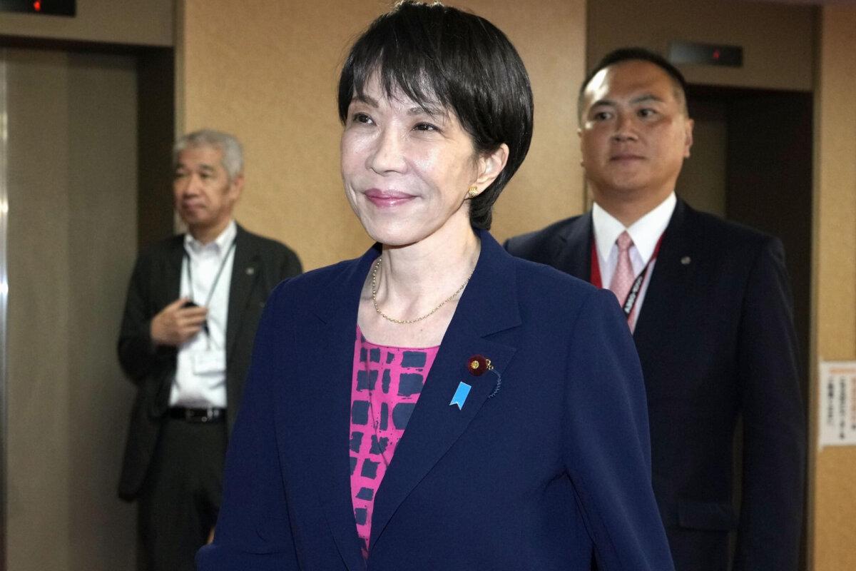 Sanae Takaichi, the newly elected leader of Japan's ruling Liberal Democratic Party, leaves party headquarters in Tokyo on Oct. 10, 2025. (Keisuke Hosojima/Kyodo News via AP)
