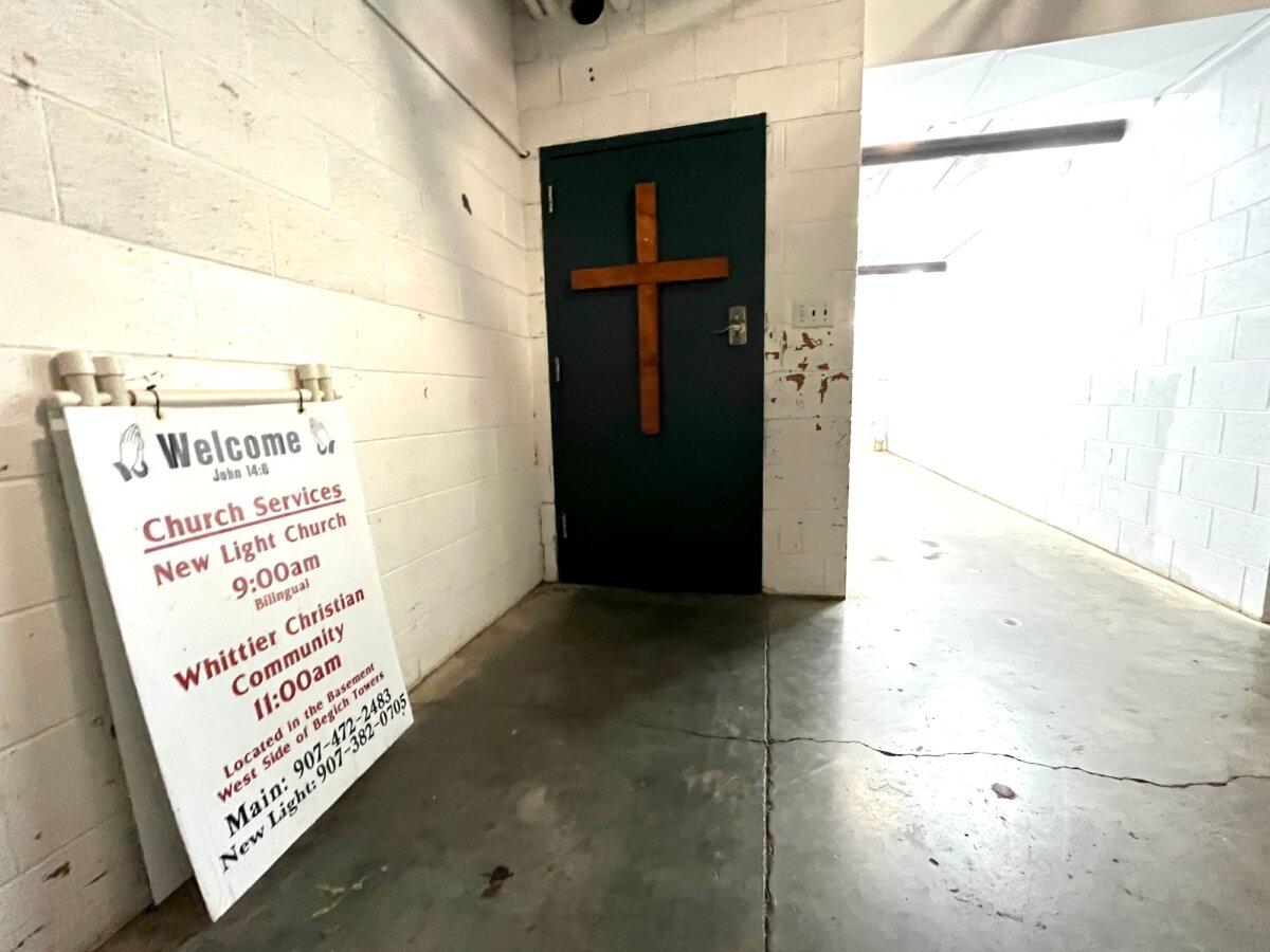 The community church in Begich Towers in Whittier, Alaska, on Nov. 4, 2025. (Allan Stein/The Epoch Times)