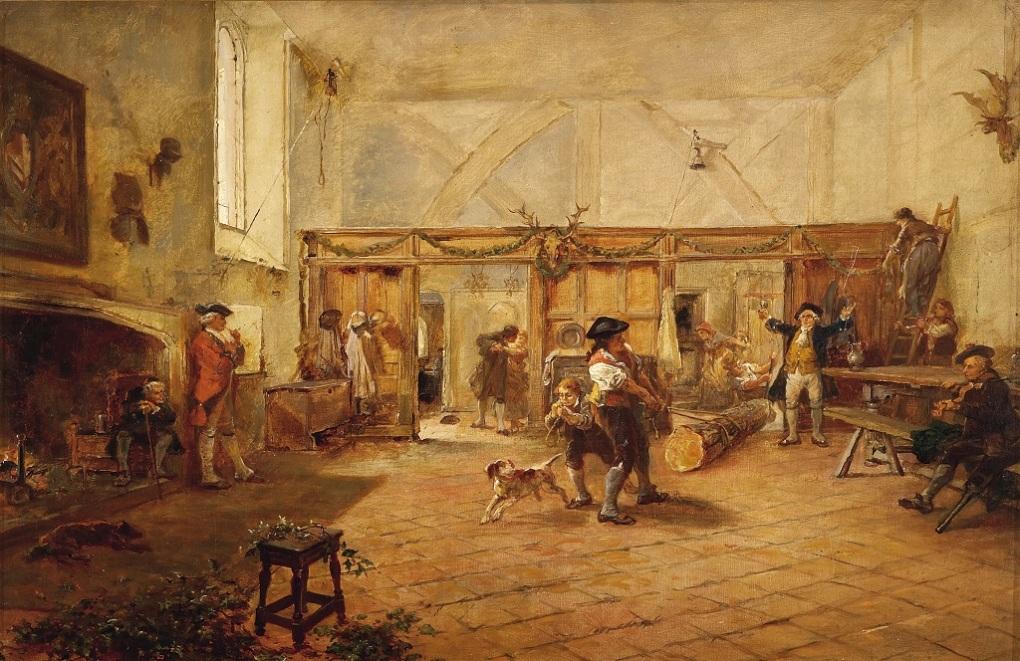 The Yule Log being brought in at Hever Castle, by Robert Alexander Hillingford. The largest possible log was sought out to burn throughout the Christmas season. (Public Domain)