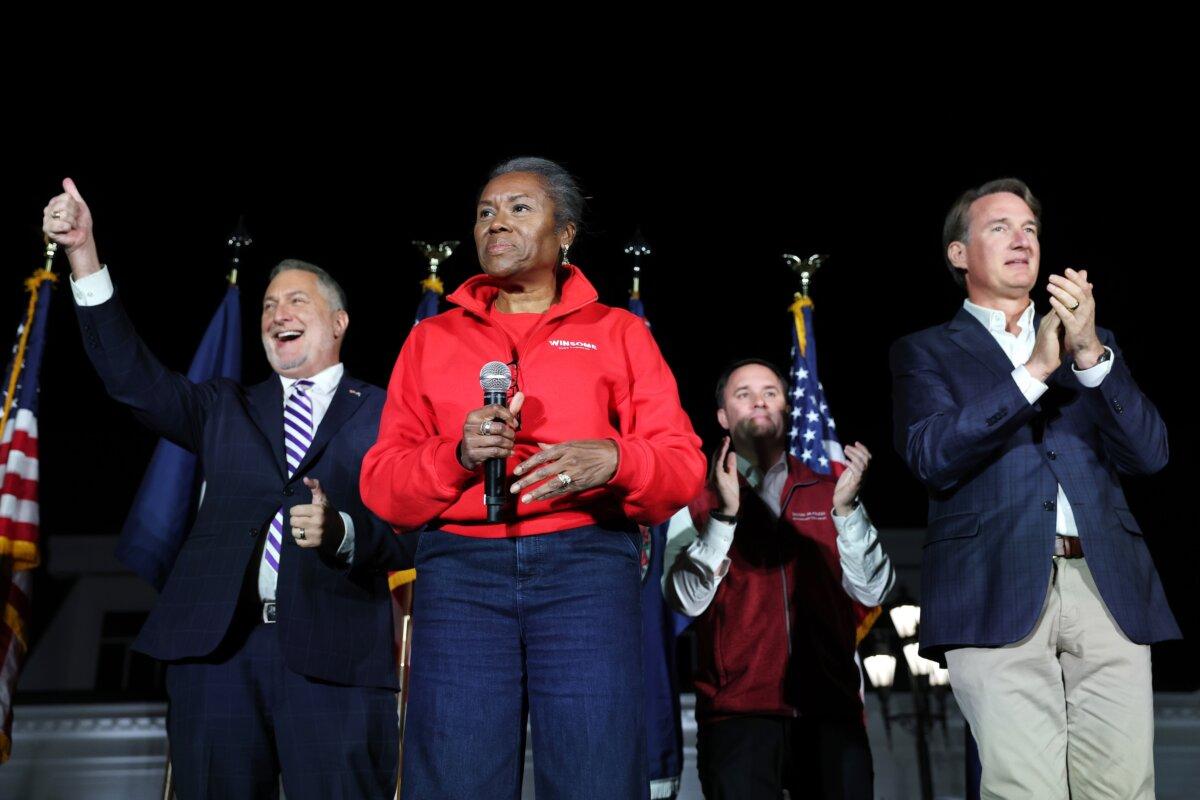 Republican gubernatorial candidate Winsome Earle-Sears campaigns with Virginia Republican candidate for lieutenant governor John Reid (left), Virginia Attorney General Jason Miyares (center-right), and Virginia Gov. Glenn Youngkin (right) in Hanover, Va., on Nov. 2, 2025. (Anna Moneymaker/Getty Images)