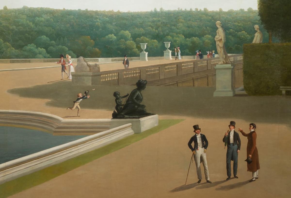 A detail of a boy chasing a butterfly from the "Panoramic View of the Palace and Gardens of Versailles," 1818–1819, by John Vanderlyn. Oil on canvas; 12 feet by 165 feet. The Metropolitan Museum of Art, New York City. (Public Domain)