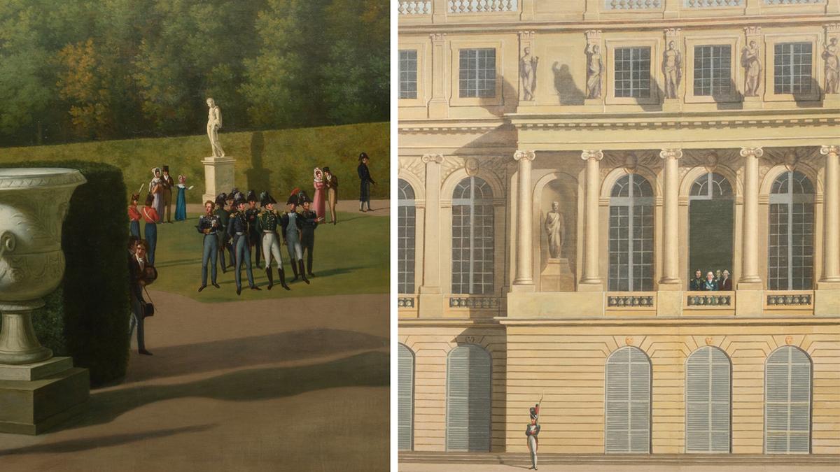 (L) A detail of the artist's self-portrait behind the hedge and King Louis XVIII on the palace balcony from the "Panoramic View of the Palace and Gardens of Versailles," 1818–1819, by John Vanderlyn. Oil on canvas; 12 feet by 165 feet. The Metropolitan Museum of Art, New York City. (Public Domain)