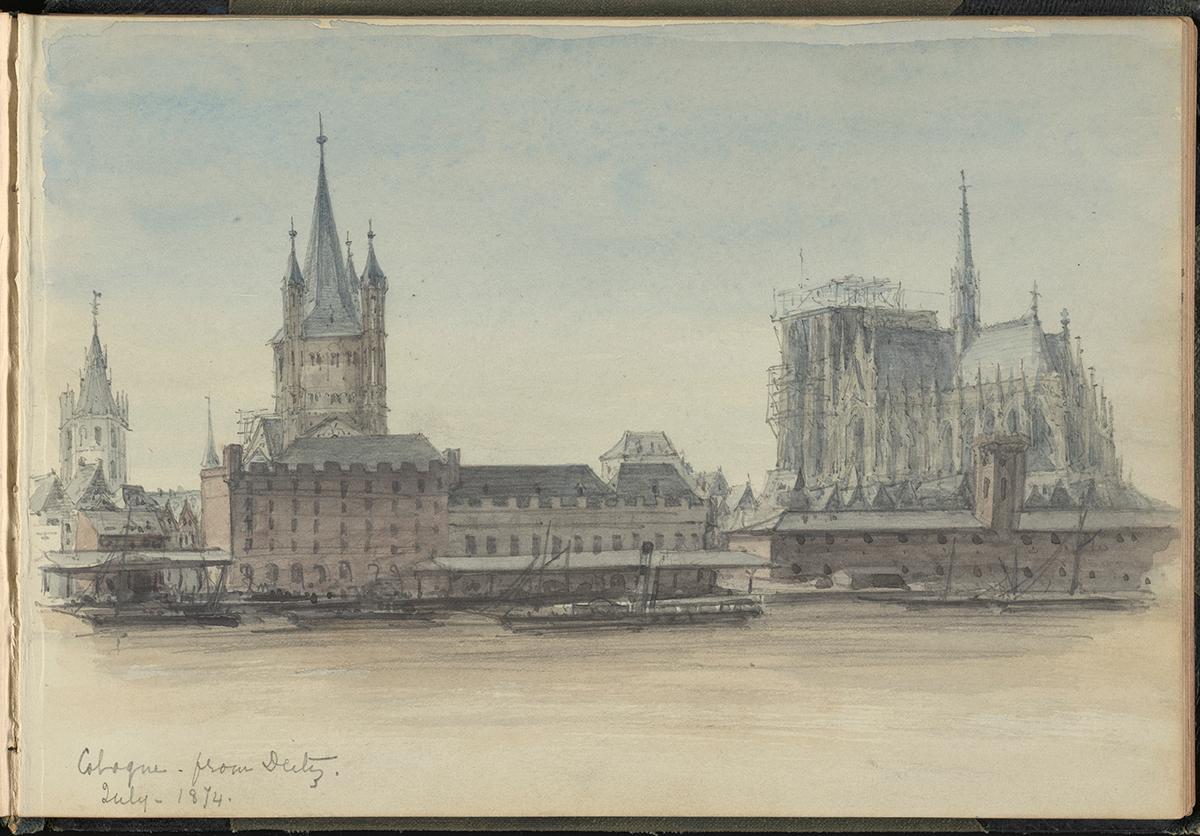 An architectural sketch "Cologne seen from Deutz, Germany," 1874, by Richard Morris Hunt from his sketchbook of his 1874 European trip. Graphite and watercolor on paper; 7 inches by 10 1/5 inches. Library of Congress. (The Preservation Society of Newport County)