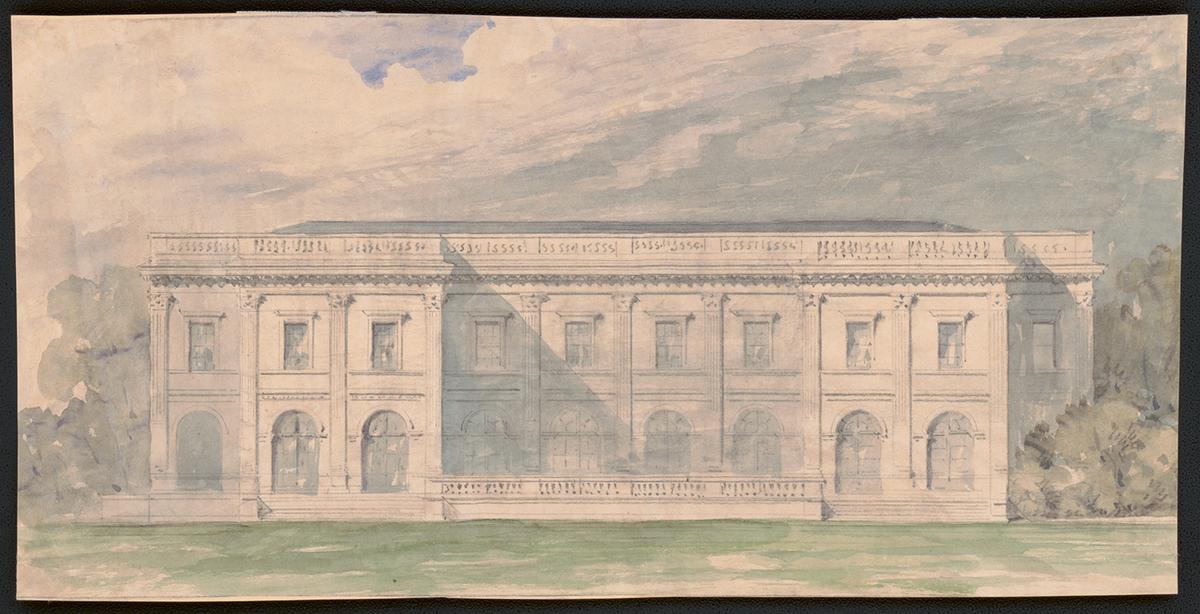 Rendering for the East elevation of William K. and Alva Vanderbilt's Marble House , circa 1888, by Richard Morris Hunt. Graphite and watercolor on paper; 6 1/2 inches by 12 4/5 inches. Library of Congress. (The Preservation Society of Newport County)