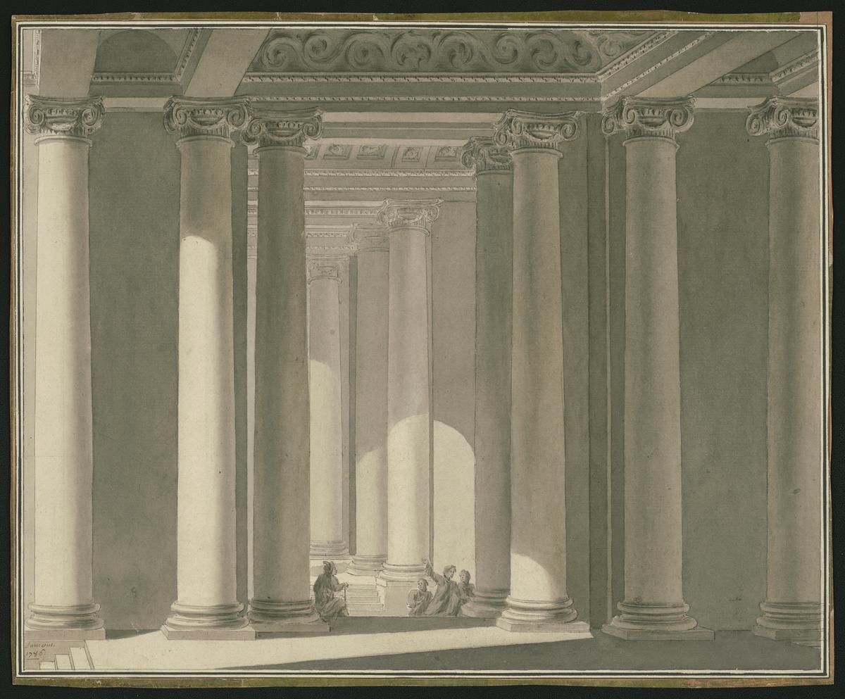 Architectural drawing of a colonnade, 1786, by Gabriel Pierre Martin Dumont. Ink and wash on paper; 12 1/2 inches by 15 inches. Library of Congress. (The Preservation Society of Newport County)