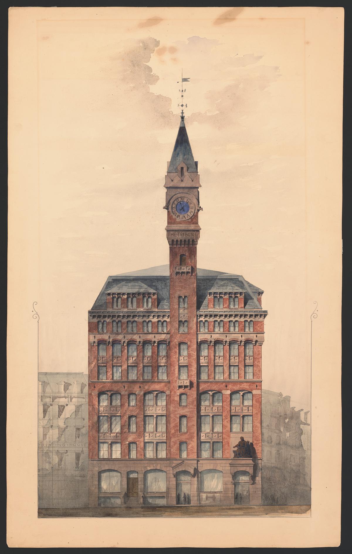 Architectural drawing of the Tribune Building in New York City, 1873, by Richard Morris Hunt. Graphite, ink, wash, and watercolor on paper; 35 4/5 inches by 22 1/5 inches. Library of Congress. (The Preservation Society of Newport County)