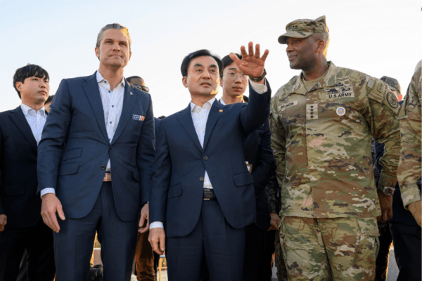 U.S. Secretary of War Pete Hegseth (2nd L) and South Korean Defense Minister Ahn Gyu-back (C) visit the Observation Post Ouellette near the border village of Panmunjom, South Korea, on Nov. 3, 2025. (South Korea Defense Ministry via AP)