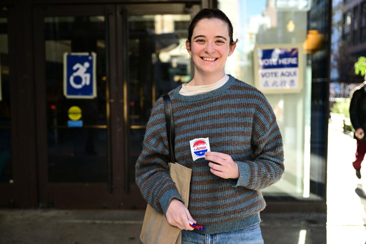 Emily Rhodes, 25, after voting in the mayoral election in New York City on Nov. 4, 2025. (Adhiraj Chakrabarti for The Epoch Times)