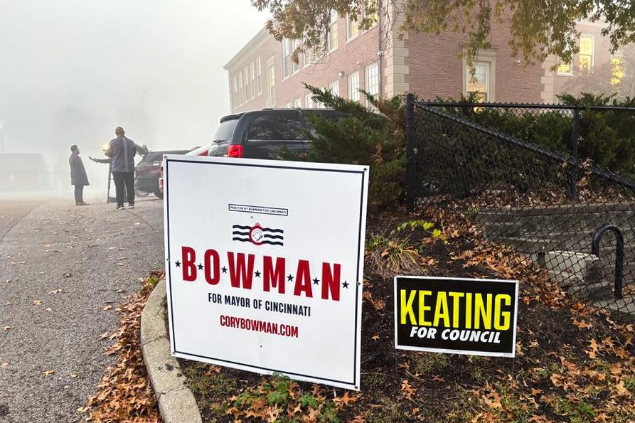 Cincinnati Republican mayoral candidate Cory Bowman conducts a TV interview outside the Sayler Park Community Center on Election Day morning in Cincinnati on Nov. 4, 2025. (Jeff Louderback/The Epoch Times)
