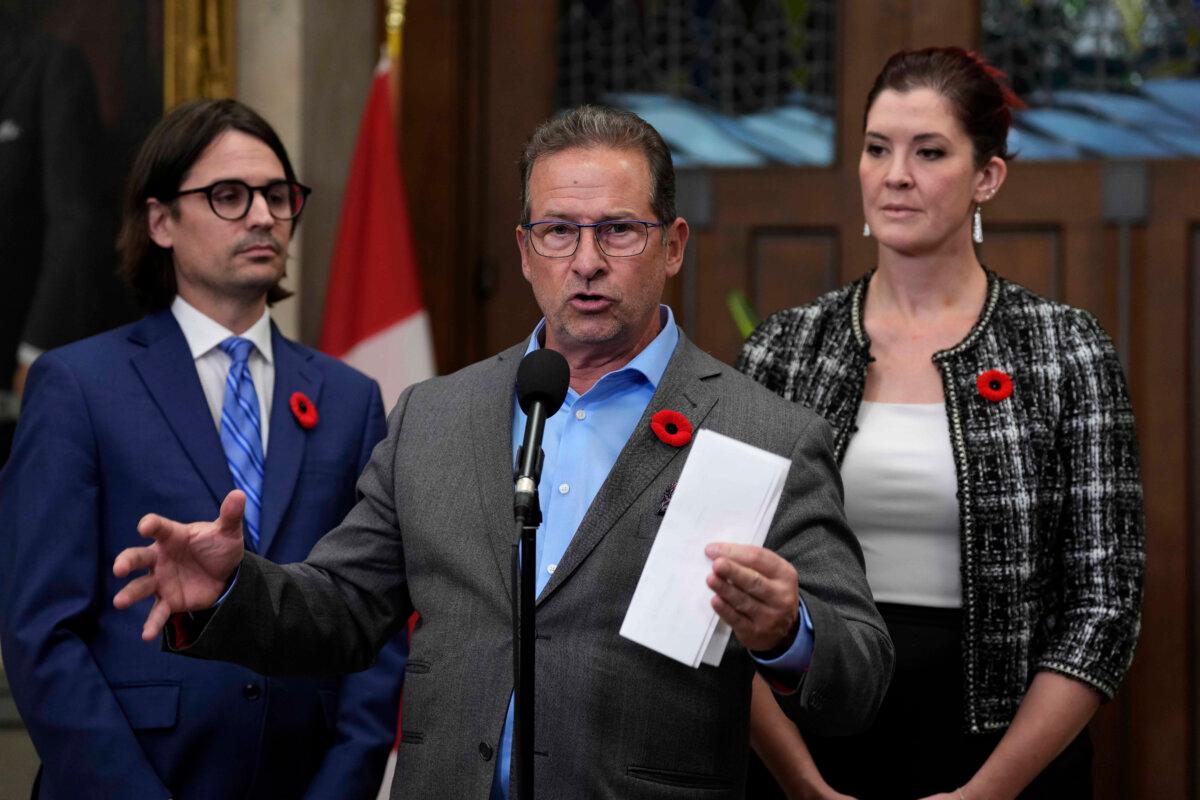 Bloc Quebecois Leader Yves-François Blanchet speaks in the in the Foyer of the House of Commons on Parliament Hill after the tabling of the federal budget on Parliament Hill in Ottawa, Nov. 4, 2025. (The Canadian Press/Justin Tang)