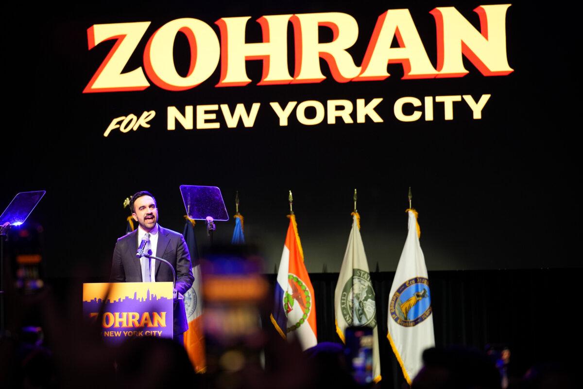 New York City mayor-elect Zohran Mamdani speaks at the Brooklyn Paramount Theater in the Brooklyn borough of New York City on Nov. 4, 2025. (Adhiraj Chakrabarti for The Epoch Times)
