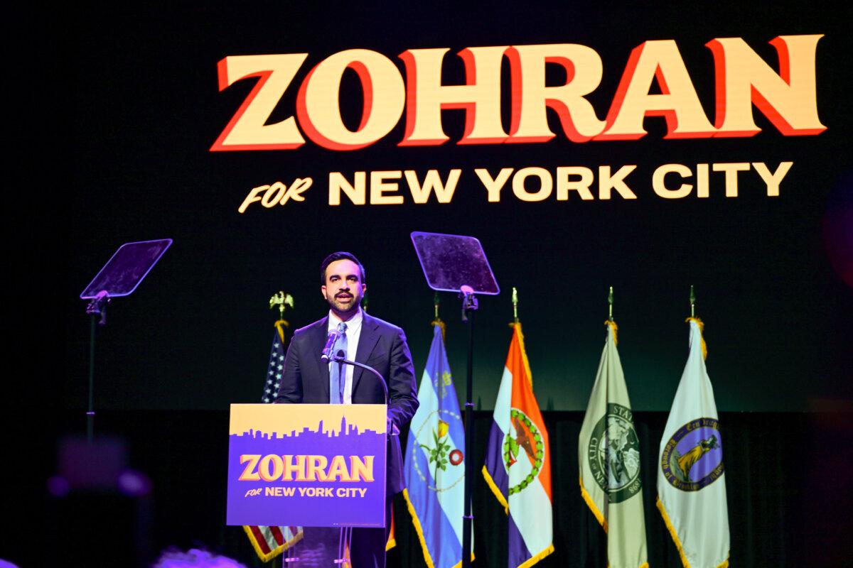New York City mayor-elect Zohran Mamdani speaks at the Brooklyn Paramount Theater in the Brooklyn borough of New York City on Nov. 4, 2025. (Adhiraj Chakrabarti for The Epoch Times)