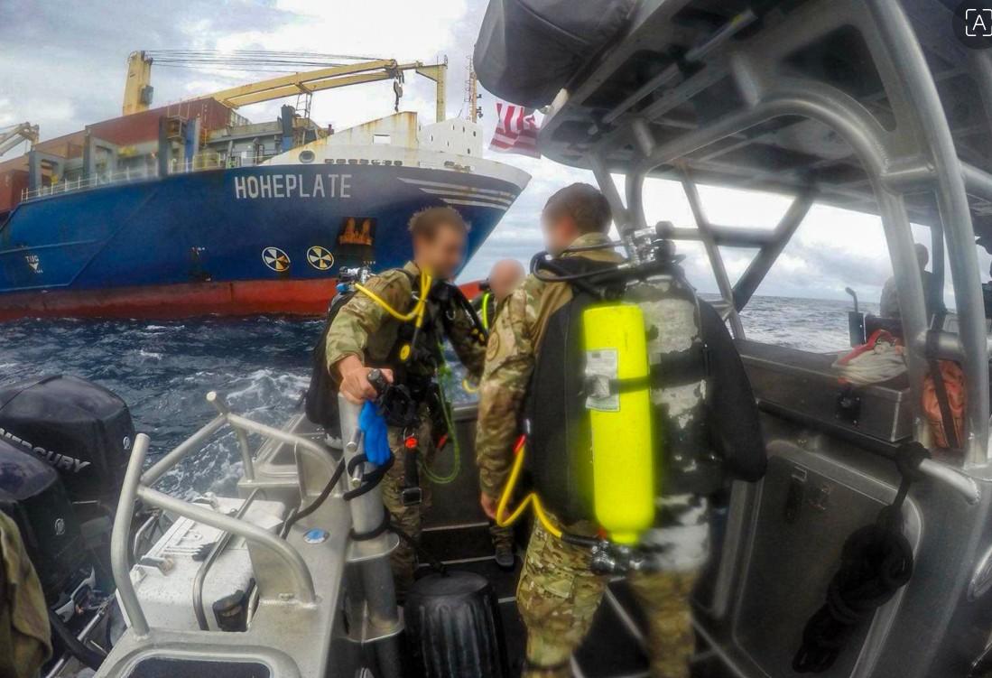 U.S. Border Patrol's <span class="css-1jxf684 r-bcqeeo r-1ttztb7 r-qvutc0 r-poiln3">BORSTAR</span> divers approach the Hoheplate, a container ship registered in Antigua and Barbuda, at the port of Miami, Fla., on Sept. 23, 2025. (Courtesy of U.S. Border Patrol)