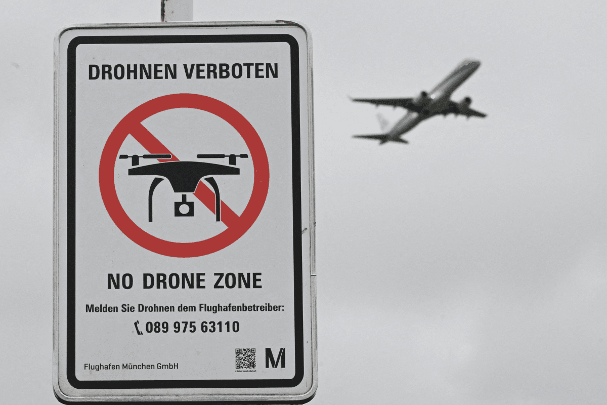 A sign with a drone ban is displayed outside the airport in Munich, Germany, on Oct. 6, 2025. (Angelika Warmuth/Reuters)
