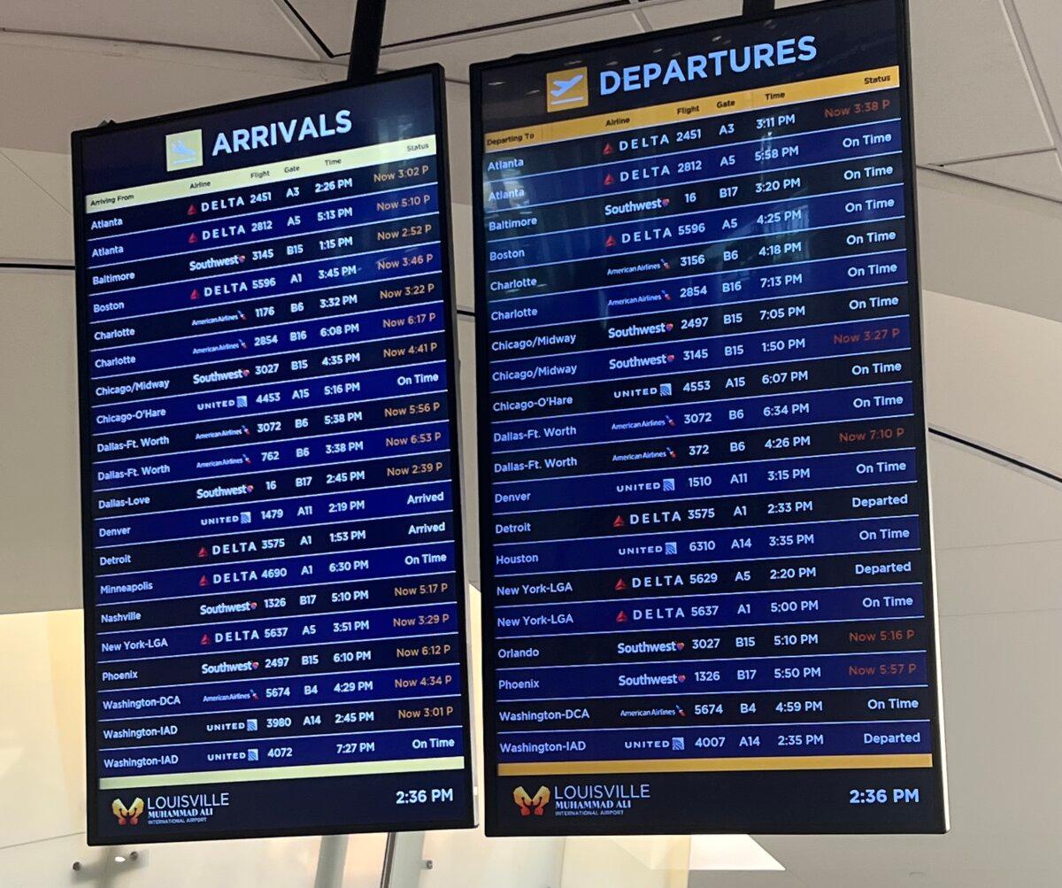 Louisville Muhammad Ali International Airport experienced delays and cancellations on Nov. 5, 2025, after the UPS cargo plane crashed. (Jacki Thrapp/The Epoch Times)