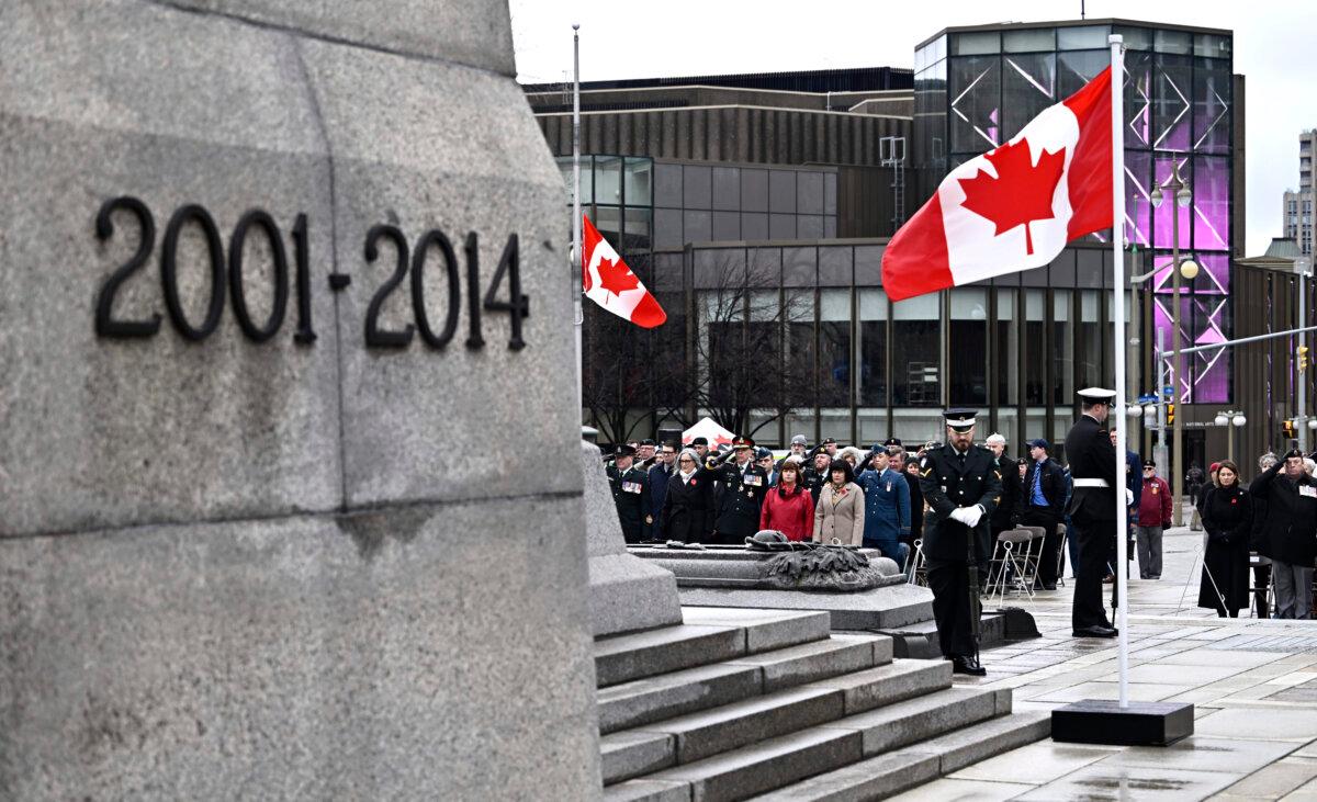 The dates of Canada's mission in Afghanistan inscribed on the National War Memorial are seen during a ceremony to mark the anniversary of the end of that mission, in Ottawa, on March 10, 2024. (The Canadian Press/Justin Tang)