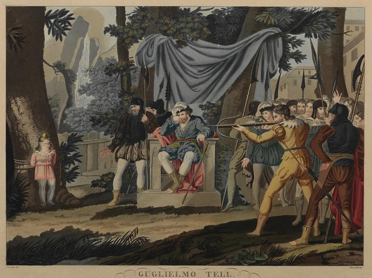 “William Tell's Apple Shot,” circa 1820, by Angelo Biasioli. Engraving; 14 3/8 inches by 18 9/16 inches. Swiss National Museum, Zurich. (Public Domain)