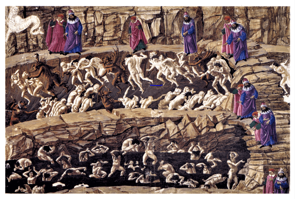 Canto XVIII, depicting the eighth circle of Hell, is one of the few fully colored pages of the "Divine Comedy" illustrated by Botticelli. Dante and Virgil descend through the 10 chasms of the circle via a ridge. (Public Domain)