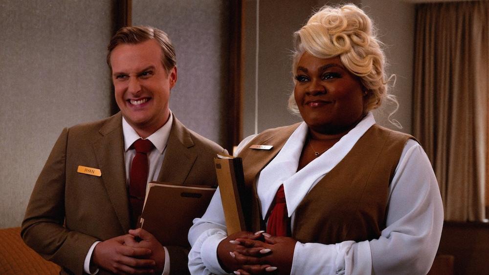 John Early and Da’Vine Joy Randolph as Joan and Larry’s afterlife counselors in "Eternity." (Leah Gallo/A24)