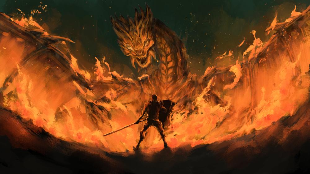 A family of warriors goes up against the evil red dragon in this novel. (<a href="https://www.shutterstock.com/g/june35069">Odyssey2049</a>/<a href="https://www.shutterstock.com/image-illustration/warrior-standing-confront-dragon-flamesmonster-tale-1897847581">Shutterstock</a>