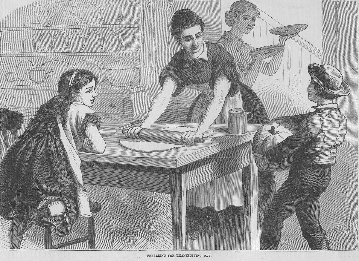 Illustration of a family preparing the Thanksgiving meal, circa 1882. (Kean Collection/Getty Images)