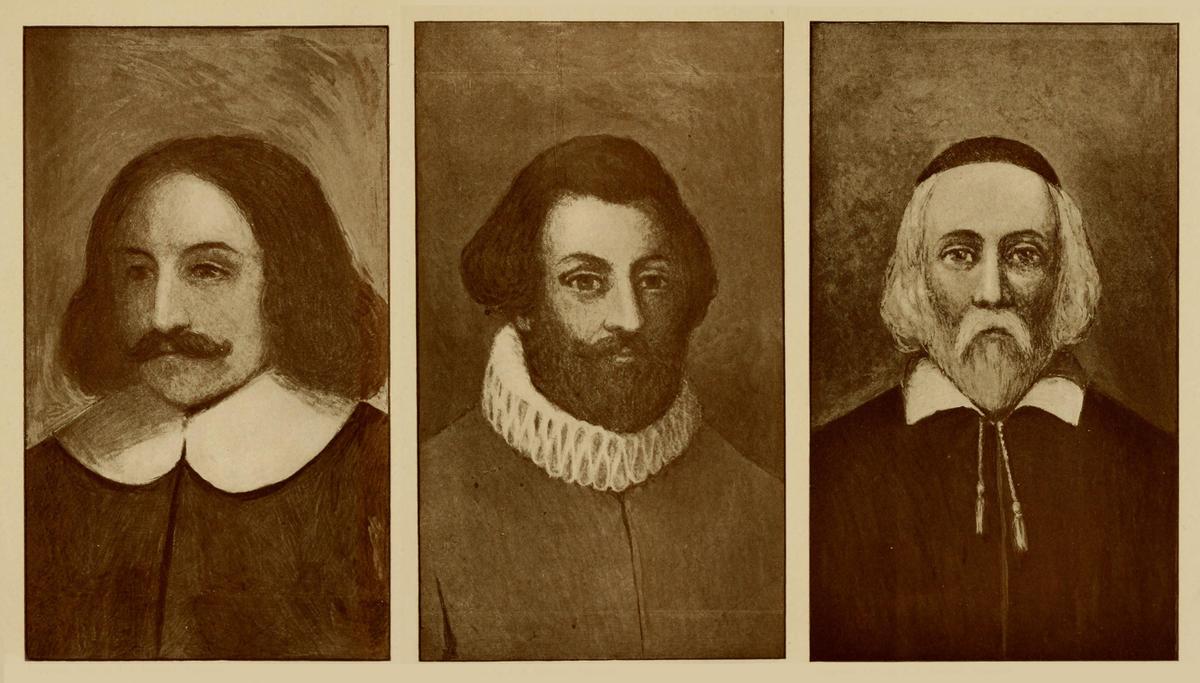 (L–R) Portraits of three men of the Mayflower: William Bradford, Myles Standish, and William Brewster from "The Romantic Story of the Mayflower Pilgrims, and its Place in the Life of To-day," 1918, by A.C. Addison. Internet Archive. (Public Domain)