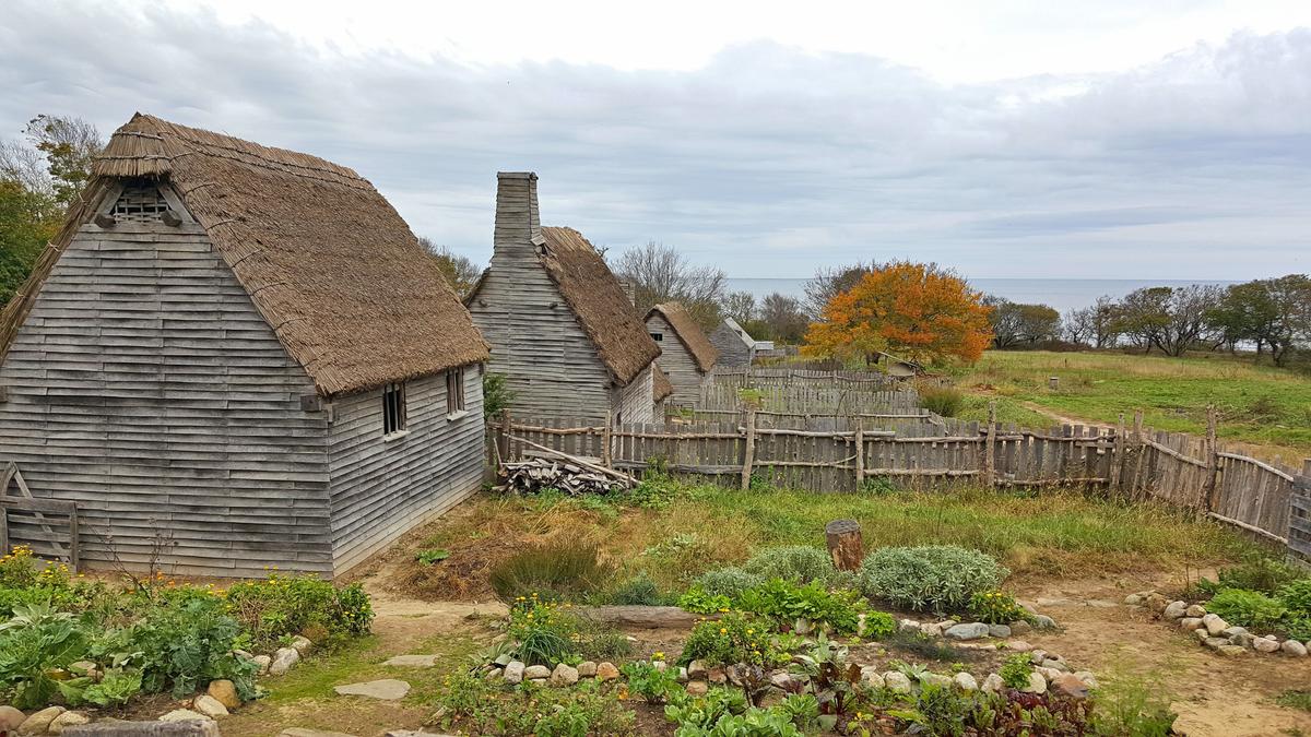 A re-created 17th-century village at Plimoth Patuxet, a living history museum in Plymouth, Mass., founded in 1947. (Michael Sean Oleary/Shutterstock)