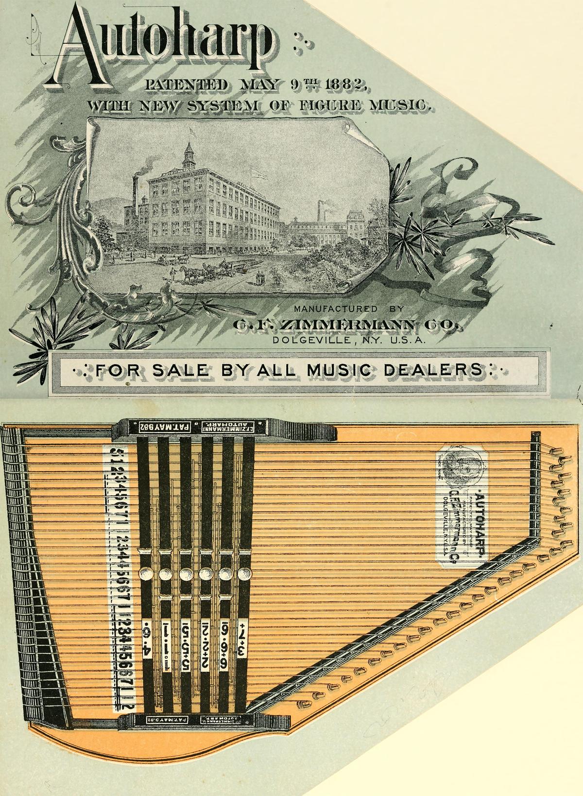 Front and back cover of an autoharp booklet published by by C.F. Zimmermann Co. in 1882. Internet Archive. (Public Domain)