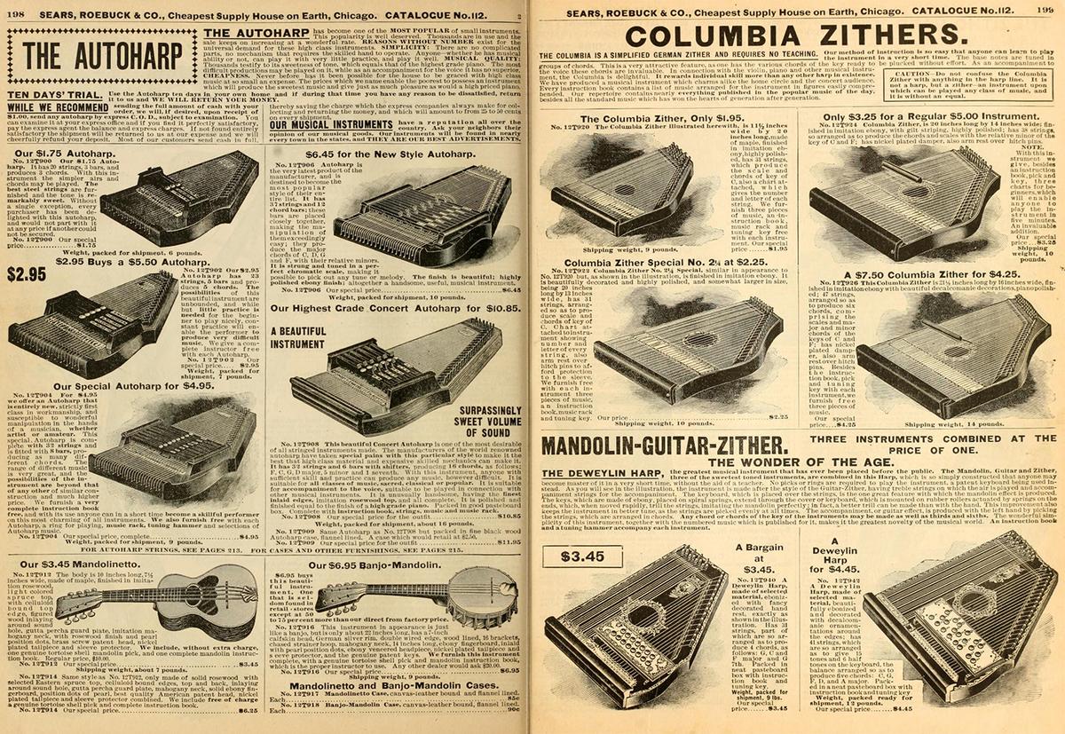 Autoharps and zithers for sale in a circa 1903 Sears, Roebuck & Co. catalogue. Internet Archive. (Public Domain)
