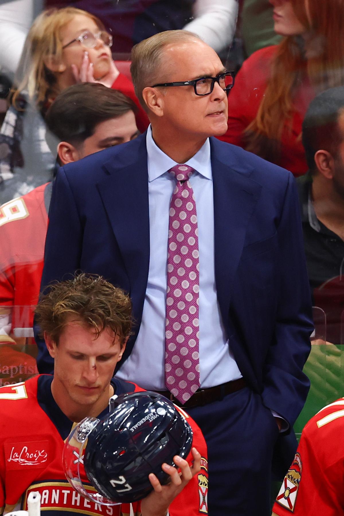 Head coach Paul Maurice of the Florida Panthers looks on during the second period of the game against the Chicago Blackhawks at Amerant Bank Arena in Sunrise, Fla., on Oct. 7, 2025. (Megan Briggs/Getty Images)