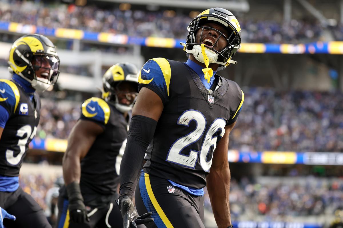 Kamren Kinchens of the Los Angeles Rams celebrates an interception against the Seattle Seahawks during the first quarter at SoFi Stadium in Inglewood, Calif., on Nov. 16, 2025. (Sean M. Haffey/Getty Images)