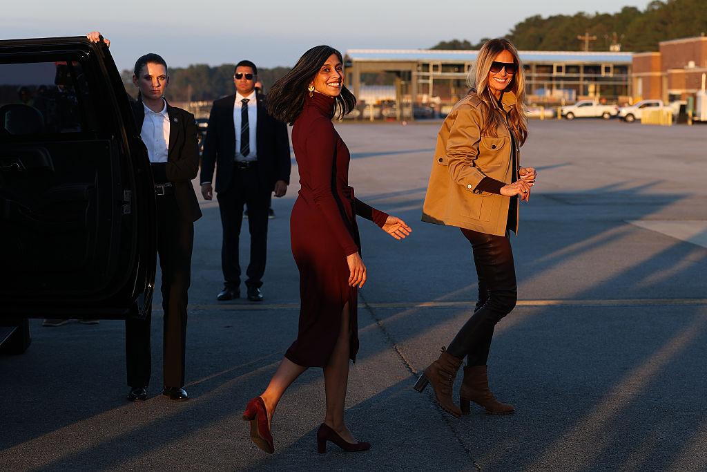 Second lady Usha Vance and first lady Melania Trump prepare to board a plane to return to Washington at Albert J. Ellis Airport in Richlands, N.C., on Nov. 19, 2025. (Anna Moneymaker/Getty Images)