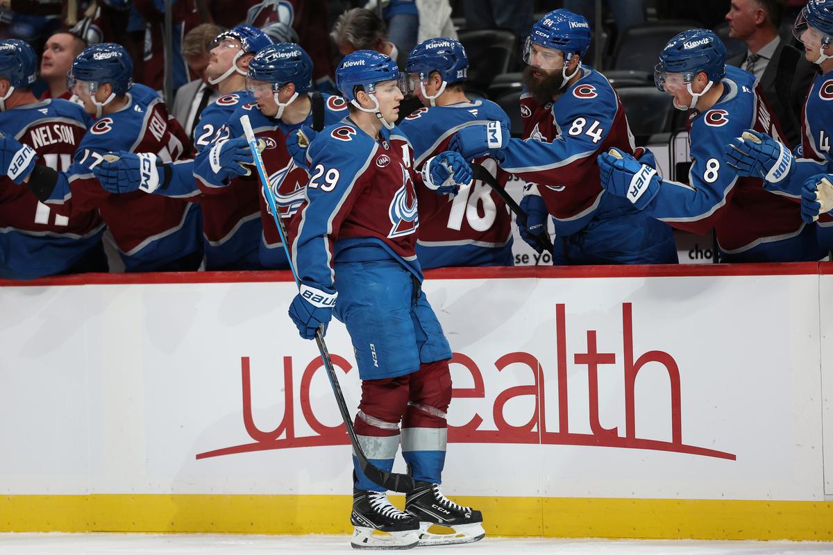 Nathan MacKinnon #29 of the Colorado Avalanche celebrates with his teammates after scoring against the New York Rangers in the first period at Ball Arena in Denver, Colo., on Nov. 20, 2025. (Matthew Stockman/Getty Images)