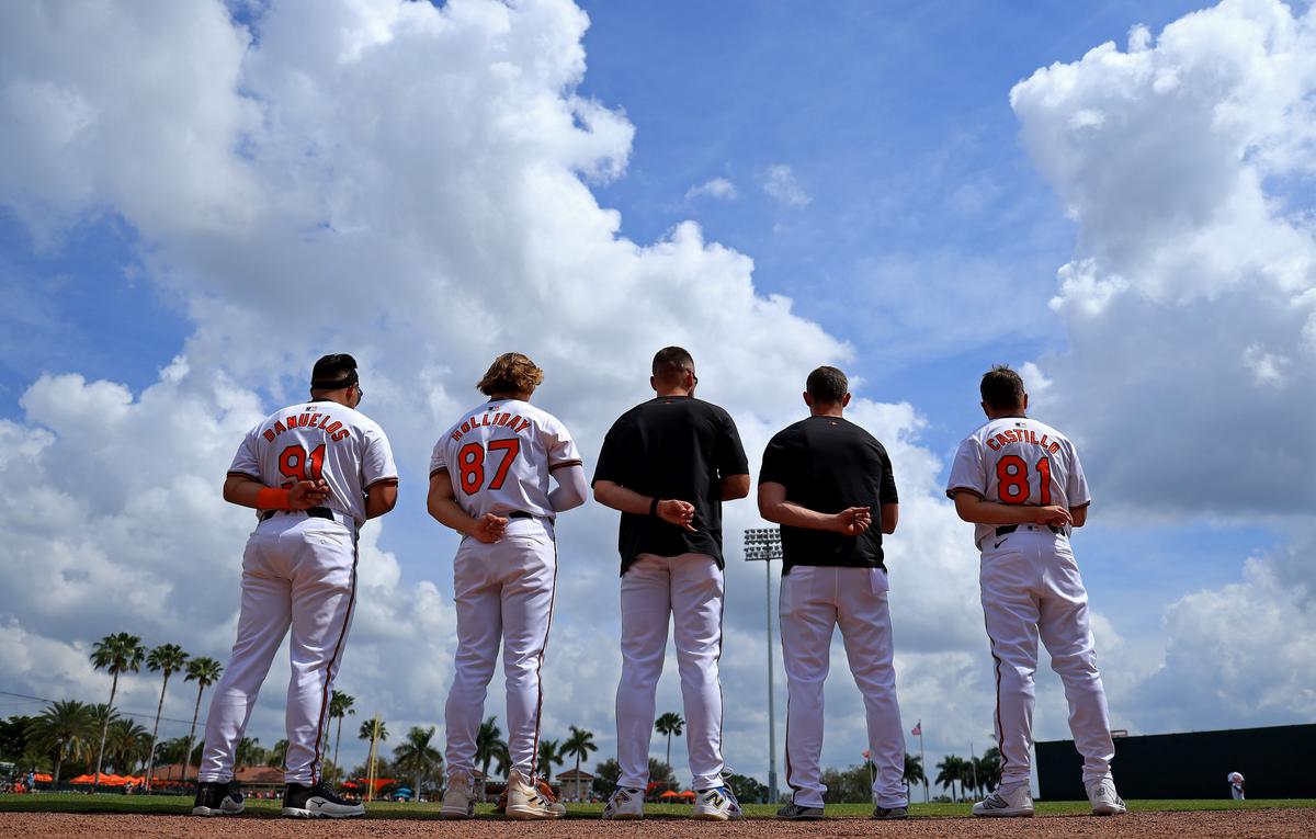 Jackson Holliday #87 of the Baltimore Orioles looks on during a spring training game against the Pittsburgh Pirates at Ed Smith Stadium in Sarasota, Florida, on Feb. 29, 2024. (Mike Ehrmann/Getty Images)
