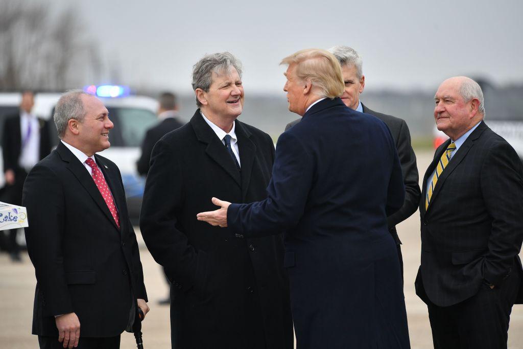 U.S. President Donald Trump greets (L-R) Rep. Steve Scalise (R-La.), Sen. John Kennedy (R-La.), and Secretary of Agriculture Sonny Perdue in New Orleans on Jan. 14, 2019. (Mandel Ngan/AFP via Getty Images)