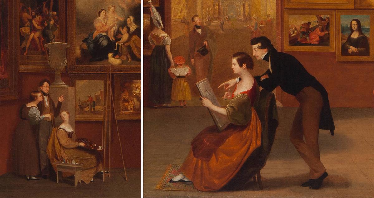Details of (L) James Fenimore Cooper and his family and (R) Morse instructing student from "Gallery of the Louvre," 1831–1833, by Samuel F. B. Morse. (Public Domain)