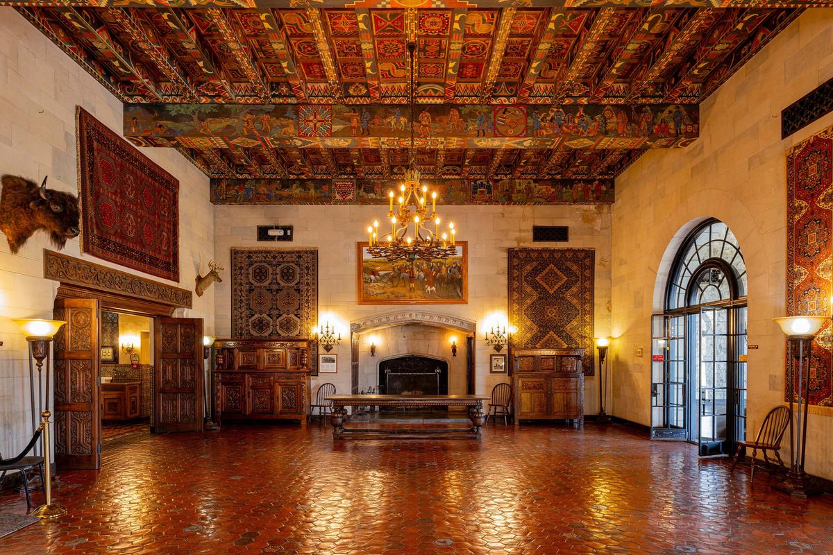 The Inner Lounge, or Winter Room, features a ceiling mural depicting the history of the plains in Kay County, Okla. Painted by Vincent Maragliotti, the mural progresses chronologically across the ceiling, beginning with pre-Columbian Indian settlement on the south beam. The right side of the massive hearth features a secret door to a safe room that could hide the family or high-profile visitors if a dangerous situation were to occur.  (Kit Leong/Shutterstock)