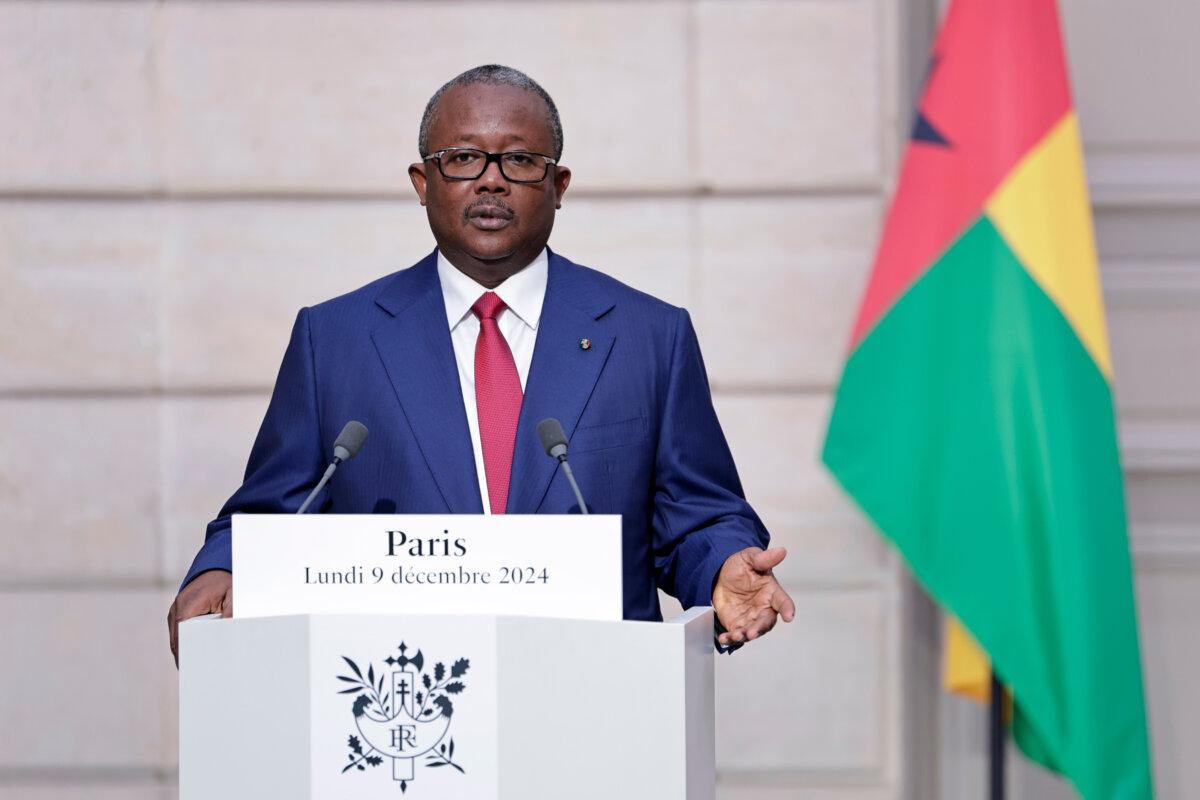 Bissau-Guinean President Umaro Sissoco Embalo speaks at the Elysee Presidential Palace in Paris on Dec. 9, 2024. (Stephane de Sakutin via AP)