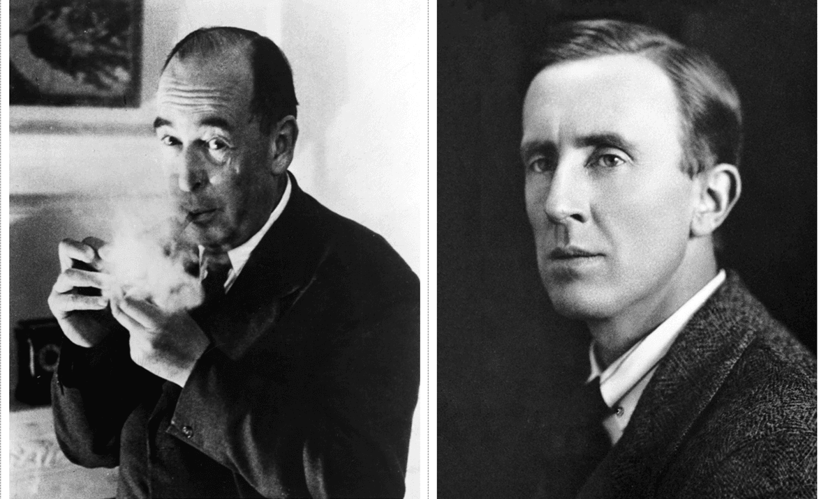 C.S. Lewis (L), circa 1957 (PD-US). J.R.R. Tolkien (R), circa 1925 (Public Domain).